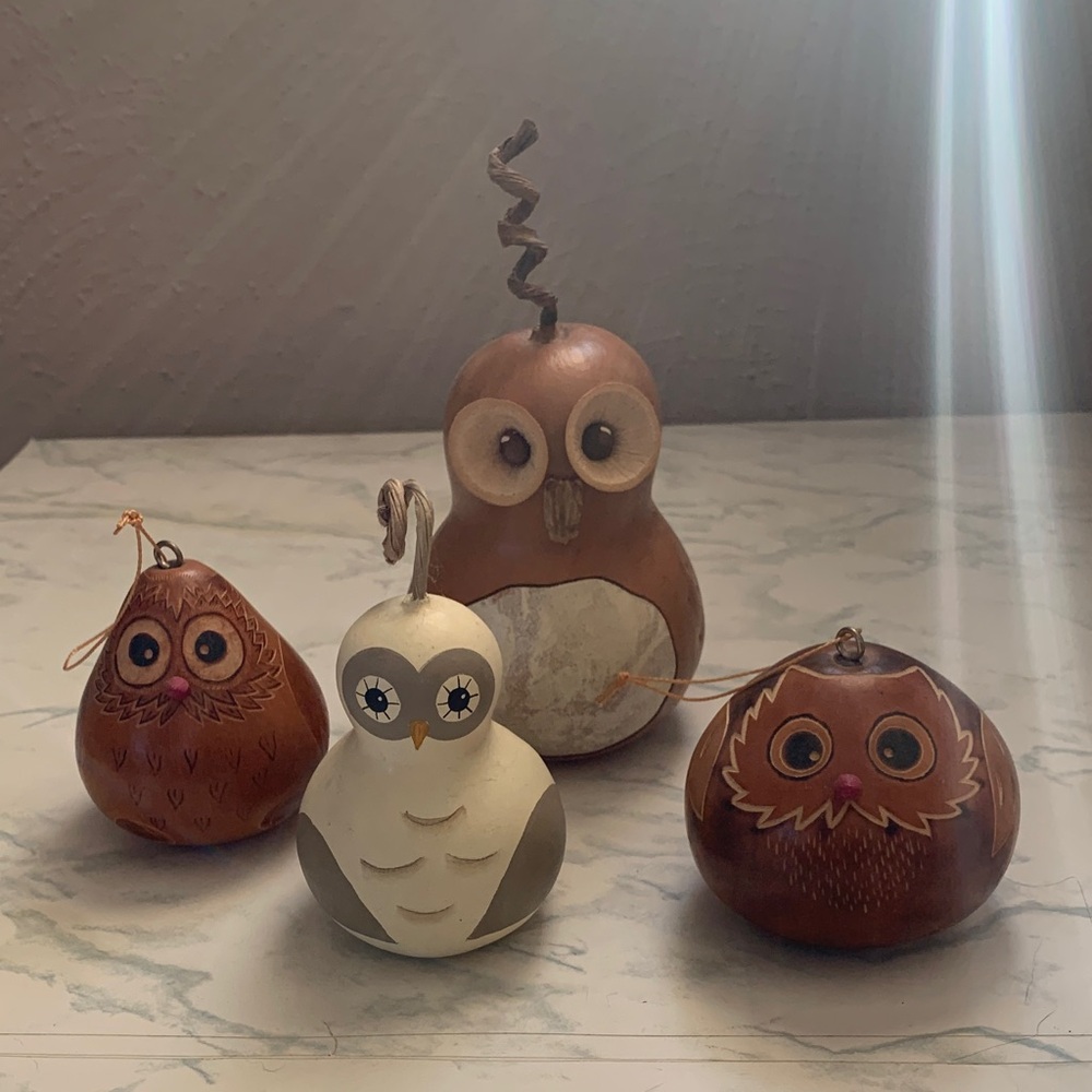 Handcrafted Gourd Owl Figurine Set - Brown and Cream